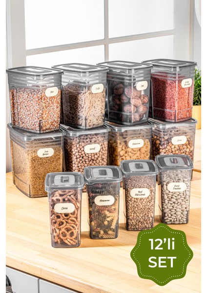 Etiketli 12LI Set Strip Mega Boy Erzak Saklama Kabı 4x(1,25 Litre, 2 Litre, 3,5 Litre) Antrasit