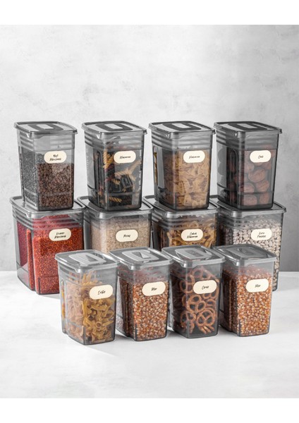Etiketli 12LI Set Strip Mega Boy Erzak Saklama Kabı 4x(1,25 Litre, 2 Litre, 3,5 Litre) Antrasit