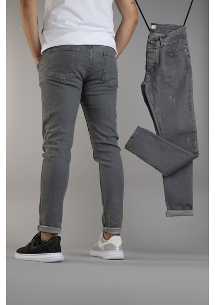 Erkek Slim Fit Dar Kesim Kot Pantolon Gri