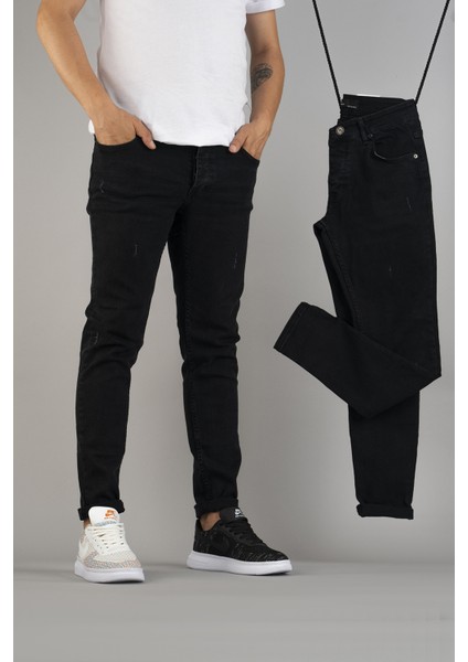 Erkek Slim Fit Dar Kesim Tırnaklı Kot Pantolon Siyah