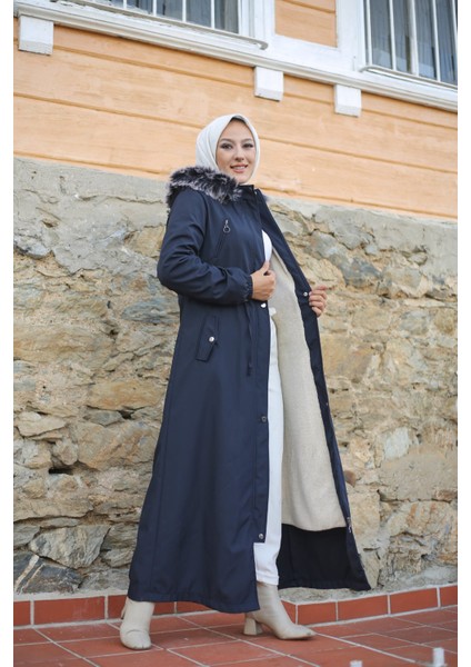 Lacivert İçi Kürklü ve Su Geçirmez Büyük Beden Battal Tam Boy Kadın Kışlık Mont & Kaban fırsatları