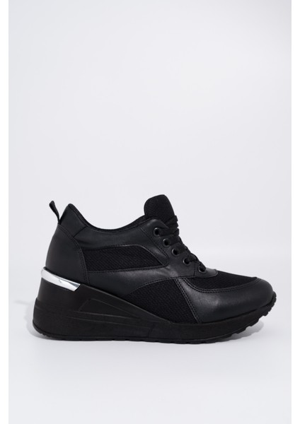 Siyah Fileli Dolgu Topuklu Sneaker Bağcıklı Spor Ayakkabı - Pily