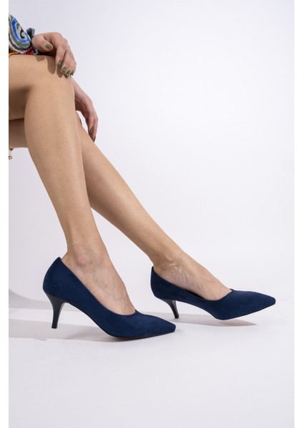 Kadın Lacivert Süet Ince Kısa Topuklu Stiletto Ayakkabı - Candy