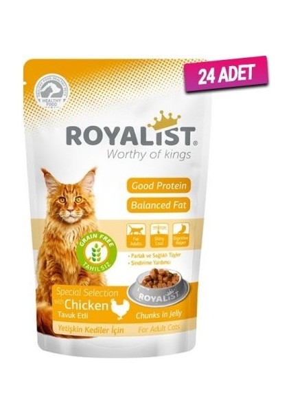 24 Adet - Royalist Tahılsız Tavuklu Pouch Jöleli Yetişkin Kedi Konservesi 85 gr