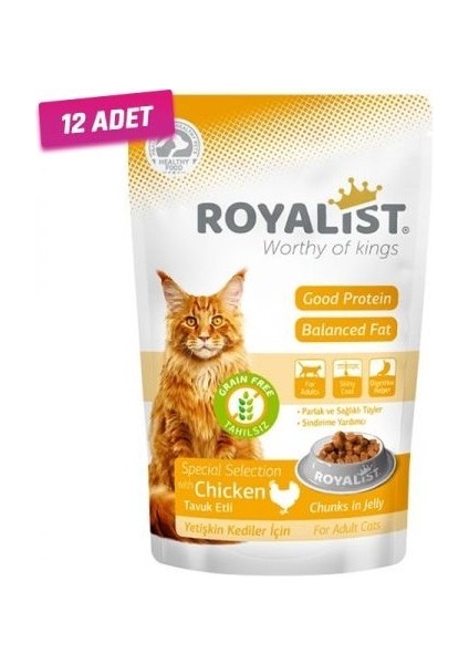 12 Adet - Royalist Tahılsız Tavuklu Pouch Jöleli Yetişkin Kedi Konservesi 85 gr