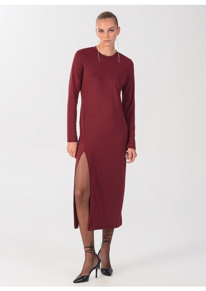 Bisiklet Yaka Düz Maksi Bordo Kadın Elbise ELBFW22-41