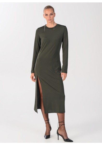 Bisiklet Yaka Düz Maksi Haki Kadın Elbise ELBFW22-41