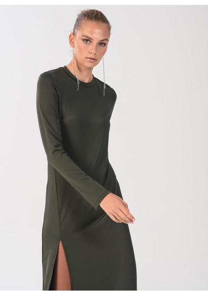 Bisiklet Yaka Düz Maksi Haki Kadın Elbise ELBFW22-41 modelleri