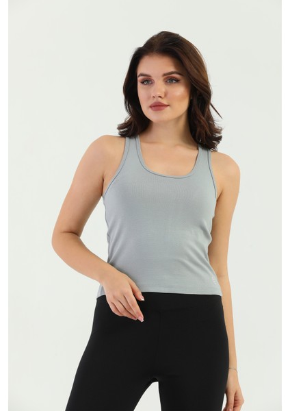 Gri Çapraz Askılı Slim Fit Ribana Kadın Atlet