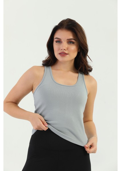 Gri Çapraz Askılı Slim Fit Ribana Kadın Atlet