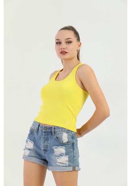 Sarı Askılı Slim Fit Ribana Kadın Atlet
