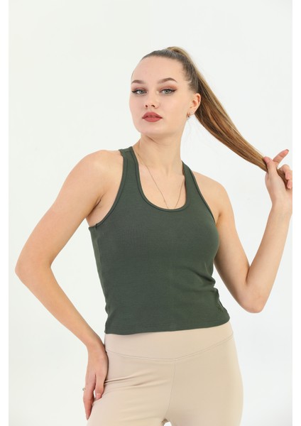 Haki Çapraz Askılı Slim Fit Ribana Kadın Atlet