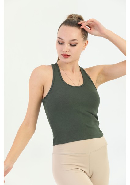 Haki Çapraz Askılı Slim Fit Ribana Kadın Atlet fırsatları