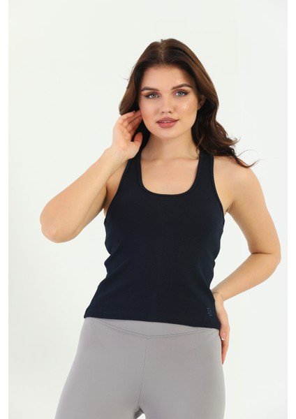 Lacivert Çapraz Askılı Slim Fit Ribana Kadın Atlet