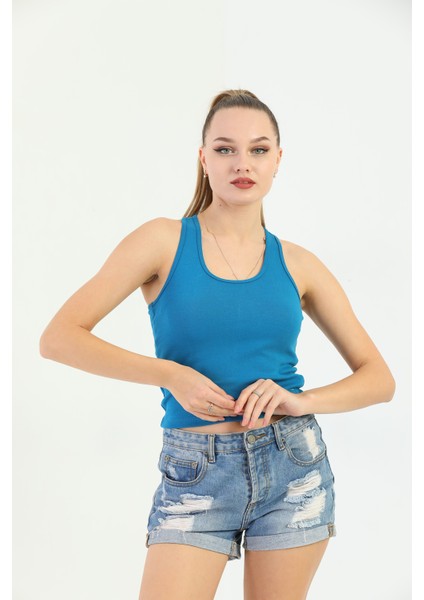 Mavi Çapraz Askılı Slim Fit Ribana Kadın Atlet fırsatları