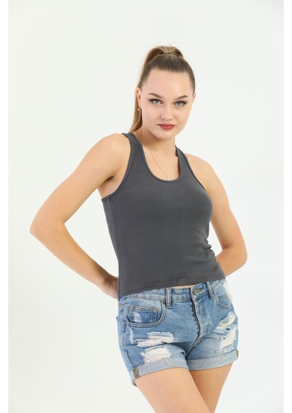 Antrasit Çapraz Askılı Slim Fit Ribana Kadın Atlet