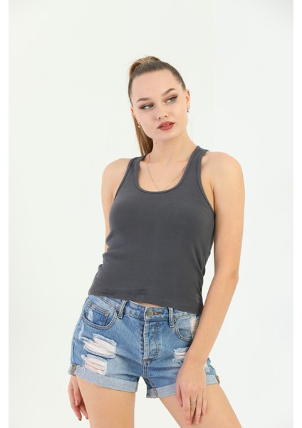 Antrasit Çapraz Askılı Slim Fit Ribana Kadın Atlet modelleri
