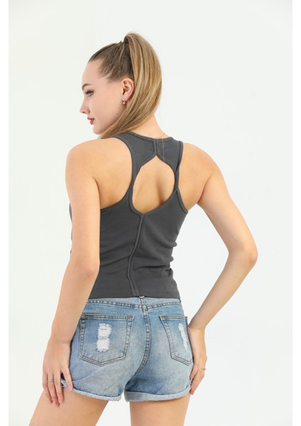 Antrasit Çapraz Askılı Slim Fit Ribana Kadın Atlet fırsatları