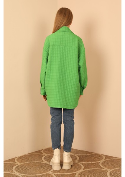 Jakar Kumaş Küçük Kare Desen Oversize Kadın Gömlek-Taş