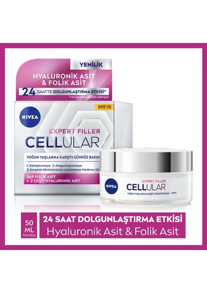 Cellular Expert Filler Yoğun Gündüz Bakım Yüz Kremi 50ml,Hyaluronik Asit ve Folik Asit, SPF15 Güneş Koruması