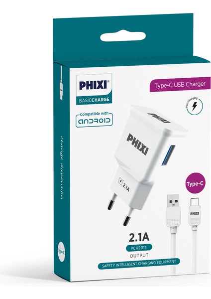 PCH201T Basic 2.1A Type-C USB Kablolu Şarj Cihazı