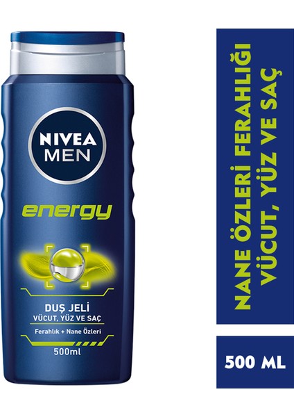 NIVEA Men Energy Duş Jeli 500ml; 3'ü 1 Arada Komple Bakım; Vücut; Saç ve Yüz için; Nane Özleri ile 24 Saat Ferah Cilt Hissi