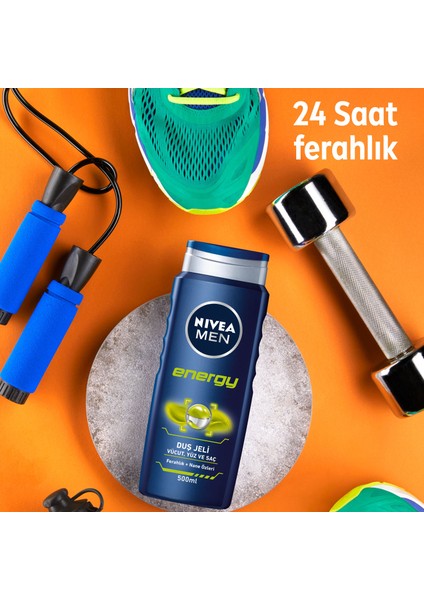 NIVEA Men Energy Duş Jeli 500ml; 3'ü 1 Arada Komple Bakım; Vücut; Saç ve Yüz için; Nane Özleri ile 24 Saat Ferah Cilt Hissi