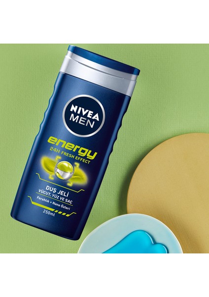 NIVEA Men Energy Duş Jeli 500ml; 3'ü 1 Arada Komple Bakım; Vücut; Saç ve Yüz için; Nane Özleri ile 24 Saat Ferah Cilt Hissi