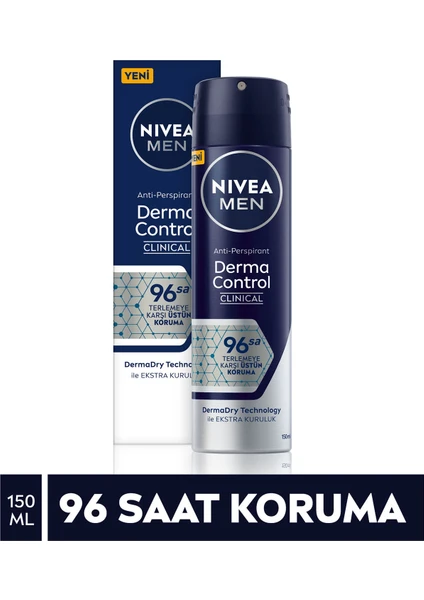 NIVEA Men Derma Control Clinical Erkek Sprey Deodorant 150ml,96 Saat Üstün Koruma,DermaDry Technology ile Ekstra Kuruluk