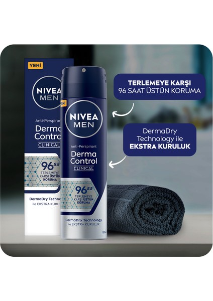 NIVEA Men Derma Control Clinical Erkek Sprey Deodorant 150ml,96 Saat Üstün Koruma,DermaDry Technology ile Ekstra Kuruluk