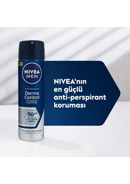 NIVEA Men Derma Control Clinical Erkek Sprey Deodorant 150ml,96 Saat Üstün Koruma,DermaDry Technology ile Ekstra Kuruluk