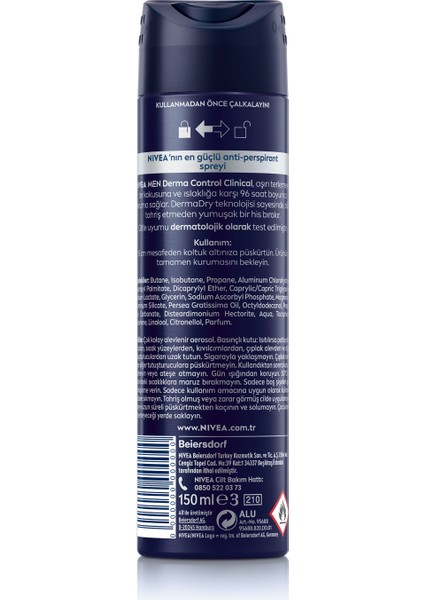 NIVEA Men Derma Control Clinical Erkek Sprey Deodorant 150ml,96 Saat Üstün Koruma,DermaDry Technology ile Ekstra Kuruluk