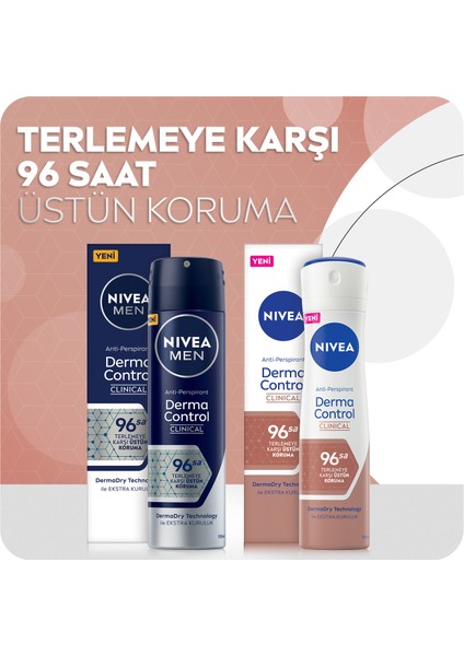 NIVEA Men Derma Control Clinical Erkek Sprey Deodorant 150ml,96 Saat Üstün Koruma,DermaDry Technology ile Ekstra Kuruluk