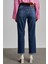Kadın Koyu Mavi Yüksek Bel Pis Paça Loose Straight Jean 4