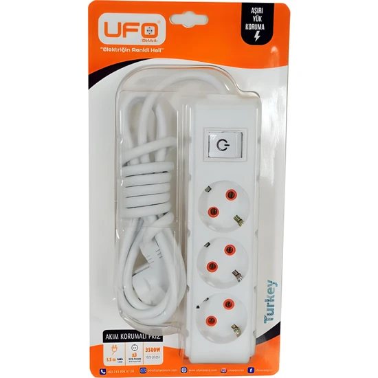 Ufo 3500 W Akım Korumalı Anahtarlı Kablolu 1.5 mt Üçlü Grup Priz Beyaz