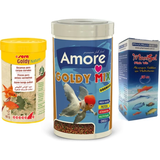 Amore Goldy Mix Granules 250 ml ve Goldy Nature 100 ml Kutu Japon Balığı Yemi ve Vitamin