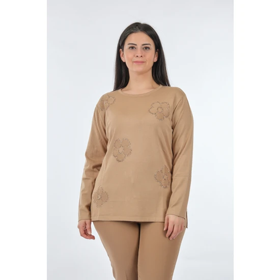 Twomail Bisiklet Yaka Büyük Beden Boncuk Detaylı Camel Kadın Triko MK2250020766