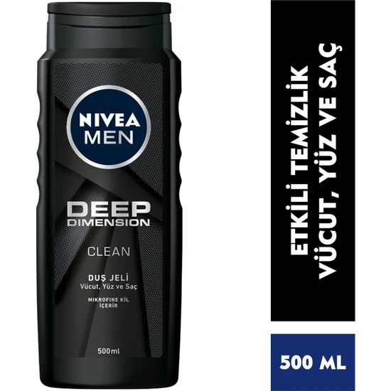 NIVEA MEN Deep Dimension Erkek Duş Jeli 500ml; 3ü1 Arada Vücut; Saç ve Yüz için Pratik Kullanım; Gün Boyu Erkeksi Ferah Koku