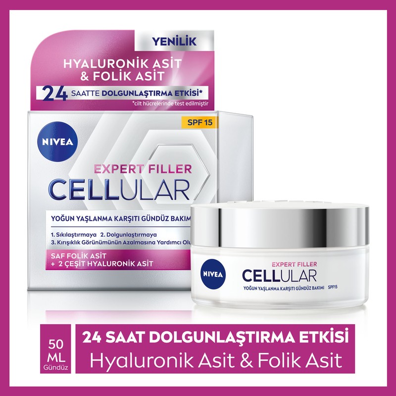 Nivea Cellular Expert Filler Yoğun Gündüz Bakım Yüz Kremi 50ml,Hyaluronik Asit ve Folik Asit, SPF15 Güneş Koruması