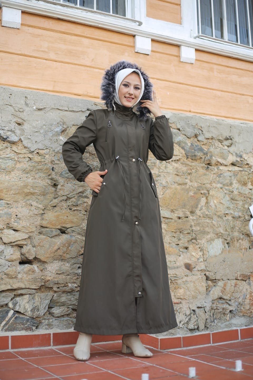 Vibeys Collection Haki İçi Kürklü ve Su Geçirmez Büyük Beden Battal Tam Boy Kadın Kışlık Mont & Kaban görsel 5