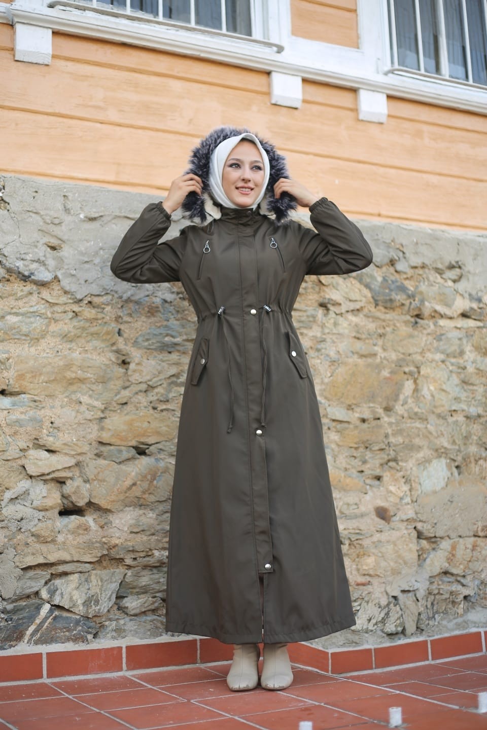 Vibeys Collection Haki İçi Kürklü ve Su Geçirmez Büyük Beden Battal Tam Boy Kadın Kışlık Mont & Kaban görsel 6