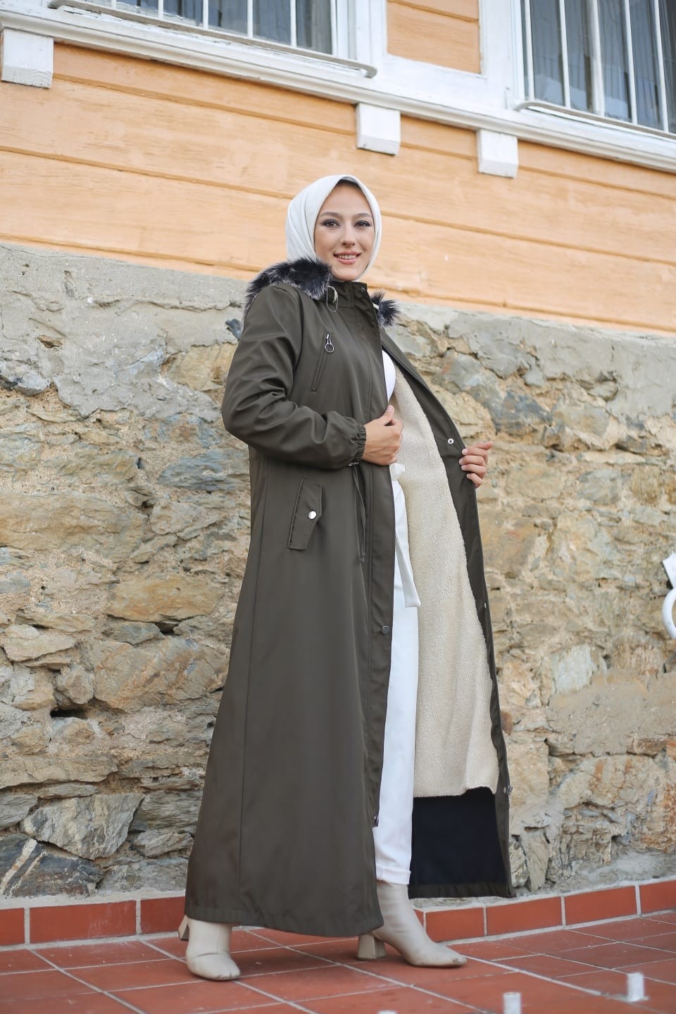 Vibeys Collection Haki İçi Kürklü ve Su Geçirmez Büyük Beden Battal Tam Boy Kadın Kışlık Mont & Kaban görsel 7