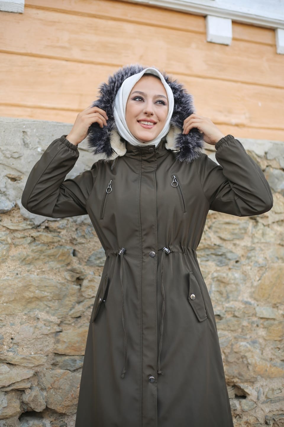 Vibeys Collection Haki İçi Kürklü ve Su Geçirmez Büyük Beden Battal Tam Boy Kadın Kışlık Mont & Kaban görsel 8