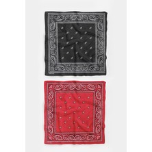 Şal Desenli Kare Koton Bandana Fular 2'li Set Kırmızı - Siyah