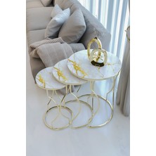 Rüya 3lü Zigon Sehpa Gold Ayak, Mermer Desenli Kırılmaz Cam