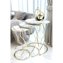 Rüya 3lü Zigon Sehpa Gold Ayak, Mermer Desenli Kırılmaz Cam
