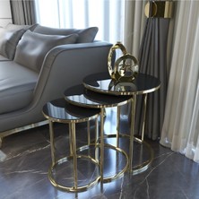 Puka Life Ceylin 3lü Zigon Sehpa Gold Renk Metal Ayak, Siyah Kırılmaz Cam