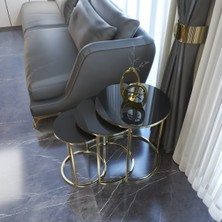 Puka Life Ceylin 3lü Zigon Sehpa Gold Renk Metal Ayak, Siyah Kırılmaz Cam
