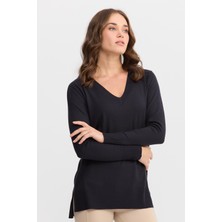 Desen Triko Kadın V Yaka Önü Arkası Yırtmaçlı Kazak Lacivert