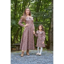 Küçüğüm Butik Vintage Yakalı Kahverengi Çiçekli Uzun Kol Kloş Anne Kız Kombini (Tekli Fiyattır)